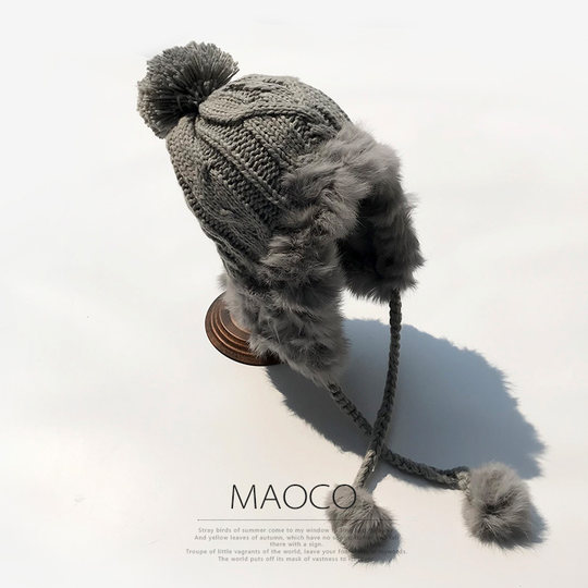 Winter Hat for Women, Warm Knitted Wool Hat, Ear-Protecting Thick Rabbit Fur Windproof Snow Hat, Sweet Forest Style Hat