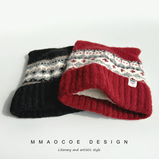 Women's Winter Knitted Wool Hat with Fleece Lining, Warm and Ear-Protecting, Face-Slimming Fair Isle Style Jacquard Hat with Plush Ears