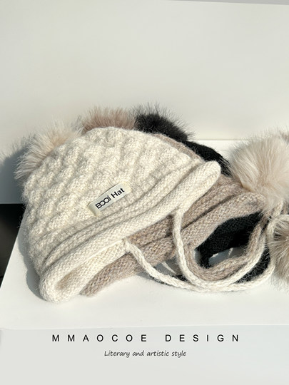 Knitted Pom-Pom Earflap Hat for Women, Winter Fleece-Lined, Warm, Ear-Protecting, Cold-Proof Hat, Northeast Skiing Style, Face-Slimming Hat