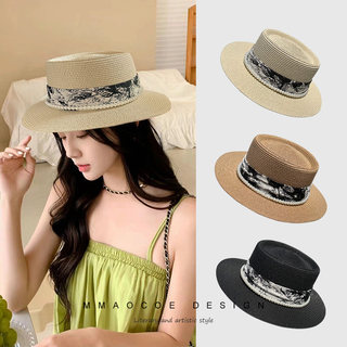 French-Style Flat-Top Hat with a Stylish Design, Breathable and Versatile Straw Hat for Young People, Suitable for Outings, Vacations, Sun Protection, and Beach Hats for Women