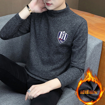 Mens half high collar plus velvet padded wool knitted base shirt 2021 winter warm top pullover Korean slim