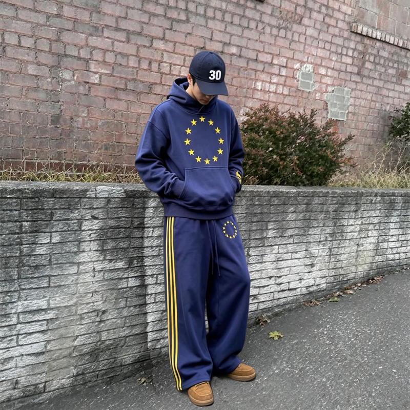Peaceinwar Eu Star Print Hooded Sweatshirt Men's Cross-Border Hip-Hop Straight Casual Sports Pants Set Peaceinwar Eu Star Print Hooded Sweatshirt Men's Cross-Border Hip-Hop Straight Casual Sports Pants Set