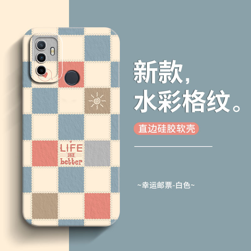 Suitable for Oppo A32 Mobile Phone Case Women's All-Inclusive Anti-Fall Soft Rubber Case Fashion Illustration Plaid A32 Korean Style Niche
