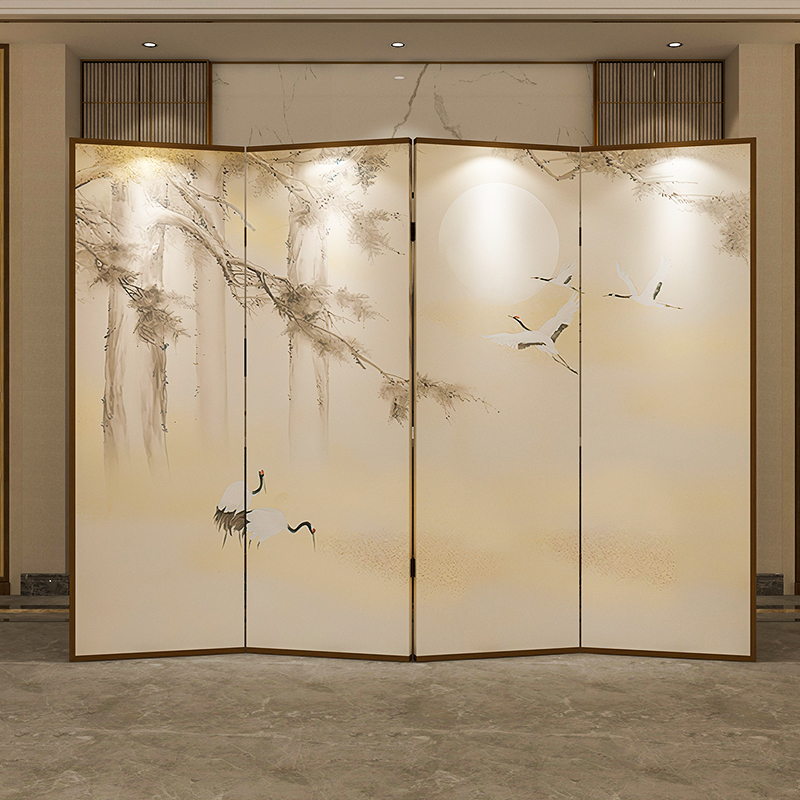 Modern Chinese real folding screen hotel can move porch background wall folding screen decoration segment crane
