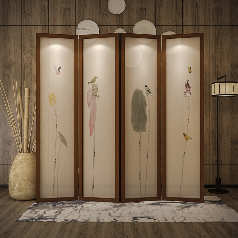 New Chinese Screen Partition decoration Living room Bedroom Bedroom mobile Folding Vegetarian Elegant Lotus Flower In door shielded Xuanguan Fold Screen