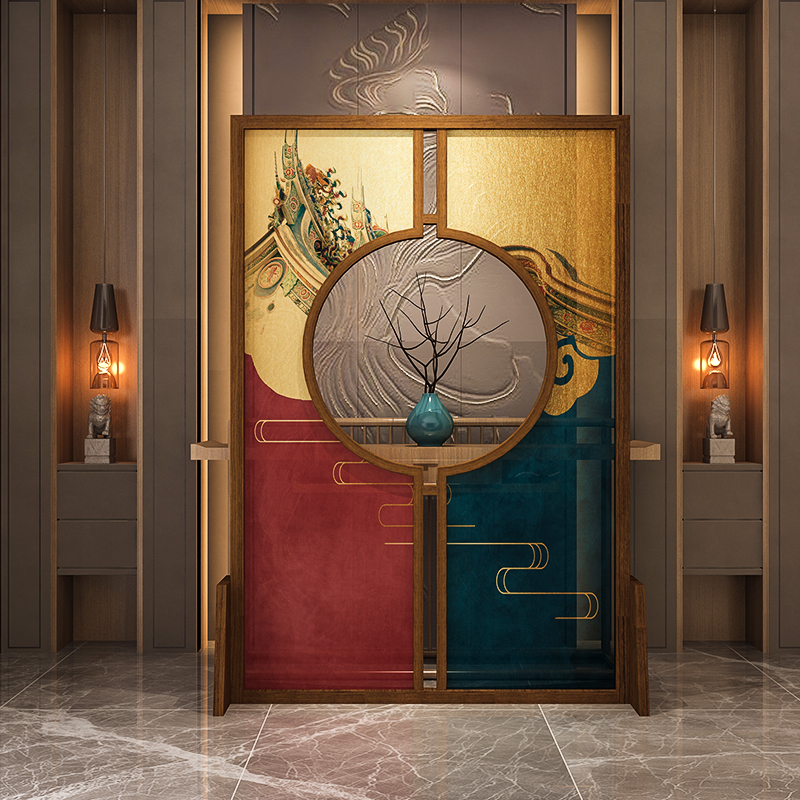 New Chinese style solid wood mobile fabric screen living room decoration barrier porch round hollow partition seat screen Xiangyun