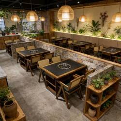 Solid Wood Rustic Style Hot Pot Table with Integrated Commercial Induction Cooker, Smokeless Barbecue Hot Pot Restaurant Slate Table and Chair Set