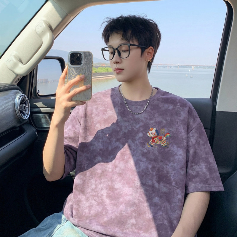 New Chinese-Style Faux Embroidery Distressed Heavy Short-Sleeve T-Shirt for Men, Trendy Loose Cartoon Horse Print Versatile Trendy Top