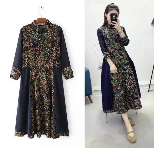 Retro ethnic Chinese wind cotton linen printed embroidered disc button snow spinning splicing 50% sleeve upright collar foreign dress Long dress