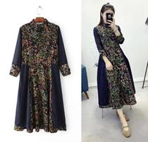 Retro ethnic Chinese wind cotton linen printed embroidered disc buckle snow-spinning splicing 50% sleeves lap collar with dress long skirt
