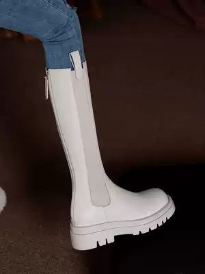 Full leather white boots Women's 2021 New High tube riding boots thick soled smoke tube boots Small Size Size