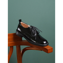 Round toe lace-up flat shoes 2022 spring and summer new small white shoes cowhide deep mouth thick heel womens shoes full leather inside and outside