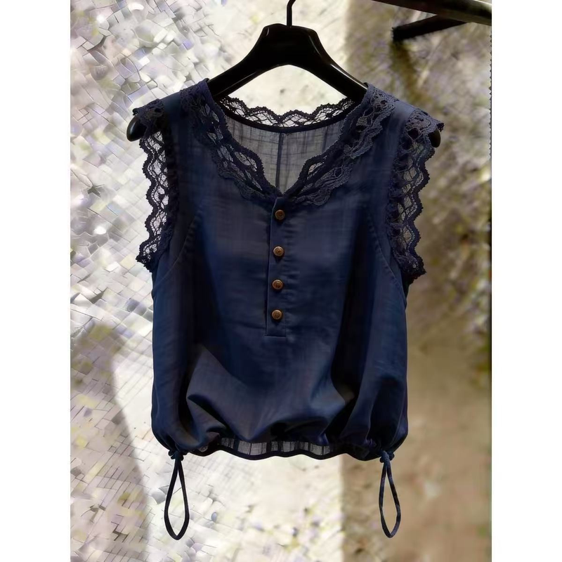 Retro Fashion Style Sleeveless Top for Women 2026 Summer New Style Navy Blue Lace Button Waist Slimming Niche