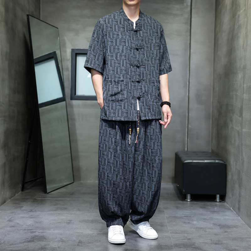 Summer Chinese Style Imitation Linen Plaid Suit for Men, Loose New Chinese Style Tang Suit Hanfu Two-Piece Set, Retro Casual Men's Clothing