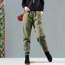 Special vintage literary elastic waist plus cotton Harem pants Thin and wild thick cotton pants Literary winter pants