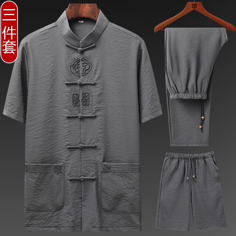 Tangdress male middle-aged cotton short sleeve grandpa suit Chinese style daddy summer dress three pieces of Chinese wind old clothes