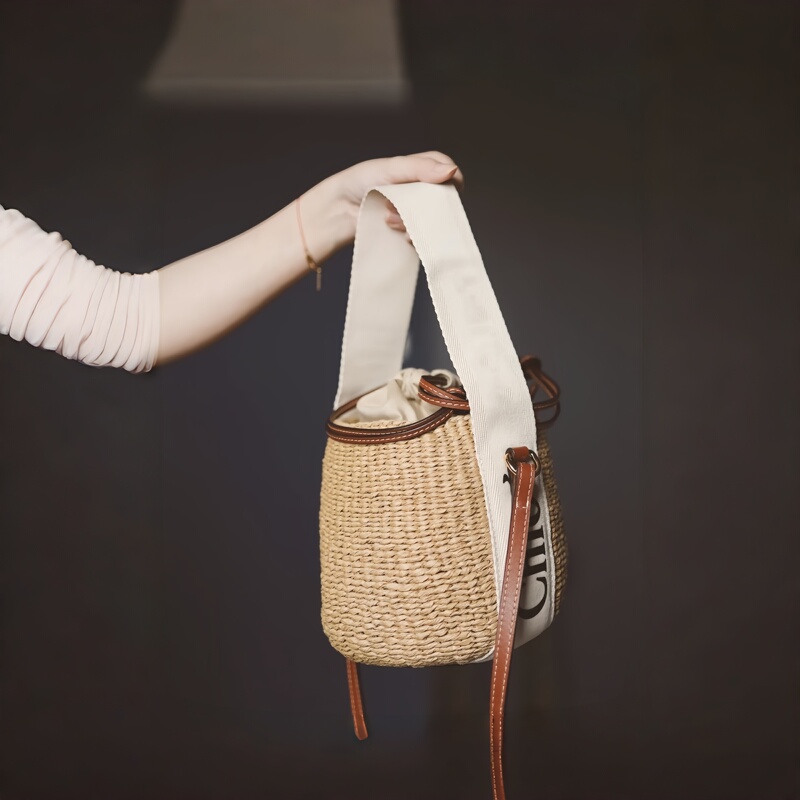 Woody Rattan Vegetable Basket Bucket Bag with Letter Ribbon Stitching and Cowhide Drawstring Tote Bag Large Capacity Shopping Bag