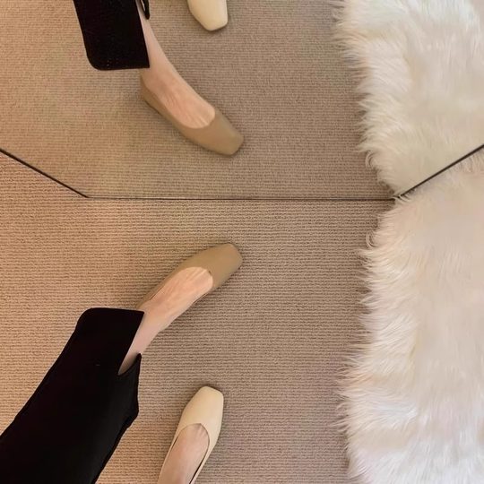 超软小羊皮~内增高小个子6cm单鞋女浅口粗跟方头奶奶鞋软底豆豆鞋