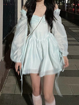 Spring Summer Dress New Blue Collection Waist Fish Bone Tandem Dress Pure Desire Wind Up Slim Hanging Band Dress Hot Girl Fluffy Short Skirt