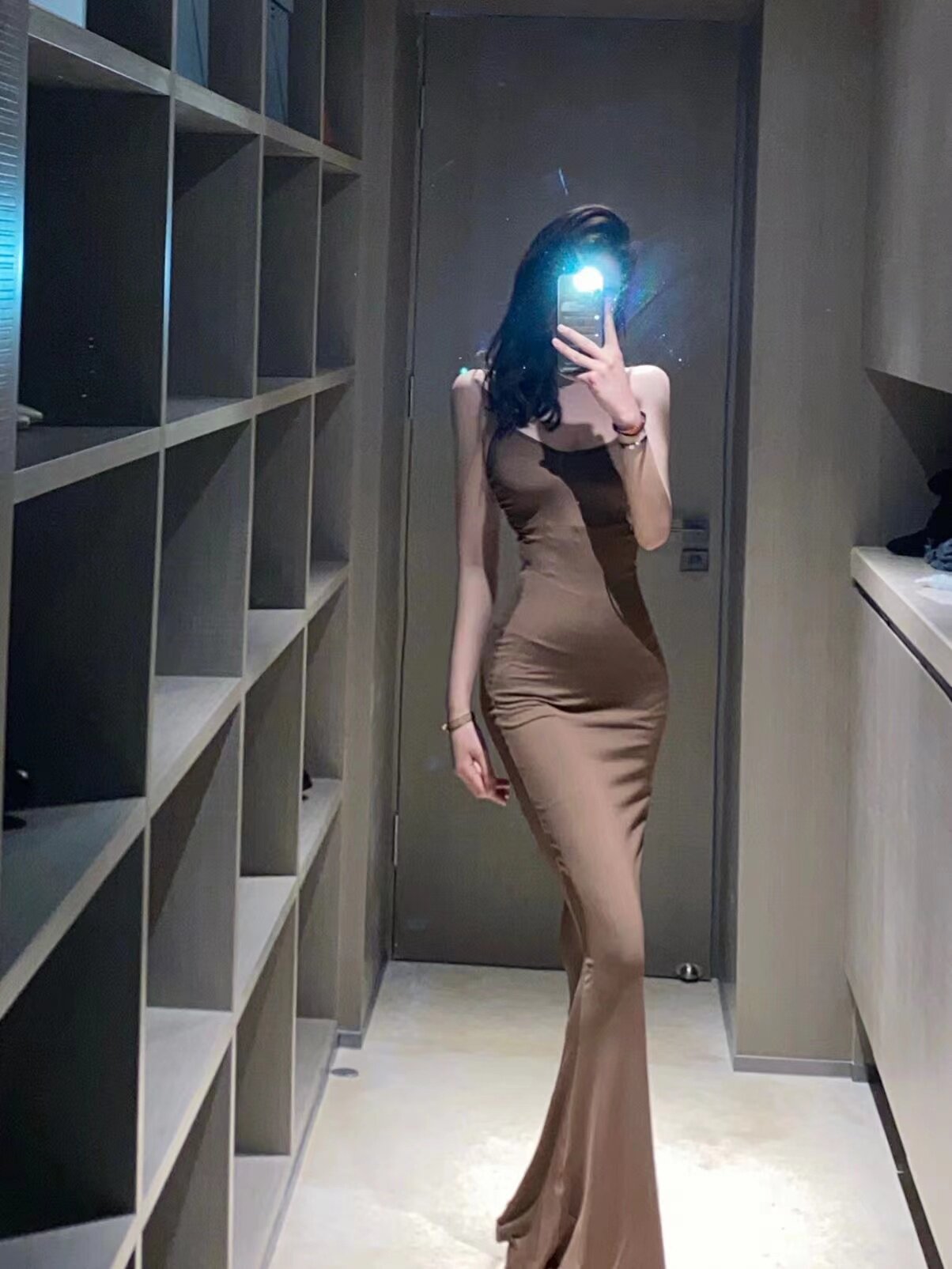 Kardashian Skims pure desire style sexy hot girl bag hip dress female brown slim slim suspender long skirt