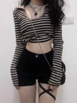 Pure desire wind long sleeve tight T-shirt striped undershirt denim half body dress woman retro high waist hot girl ultra short pants dress