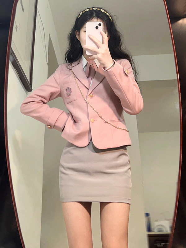 Sakura Girl~ Sweet and Cool College Style Pink Jk Blazer Jacket for Women, Salty Sweet High-Waisted Skirt Women's Suit Sakura Girl~ Sweet and Cool College Style Pink Jk Blazer Jacket for Women, Salty Sweet High-Waisted Skirt Women's Suit