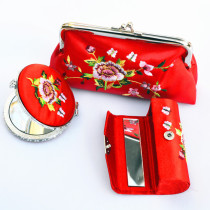  Rattan wrapped tree embroidery flower mirror lipstick box coin purse set Featured gift to send foreigners abroad Chinese style gift