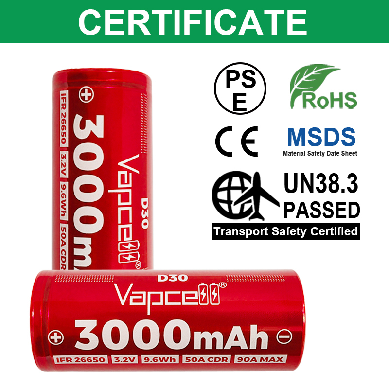 Vapcell Ifr26650D30 3000Mah 2500Maht25 3.2V 40C/80C Continuous Discharge