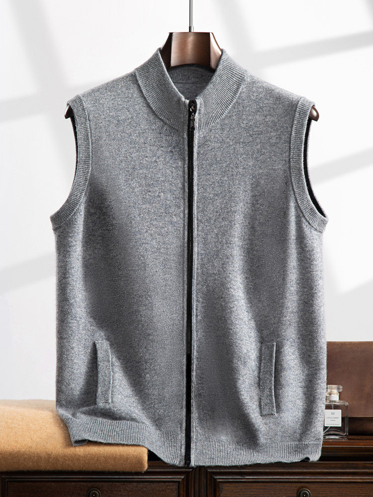 Consinee Small Cashmere Men's Business Stand-Up Collar Vest Zipper Cardigan Sleeveless Sweater Vest
