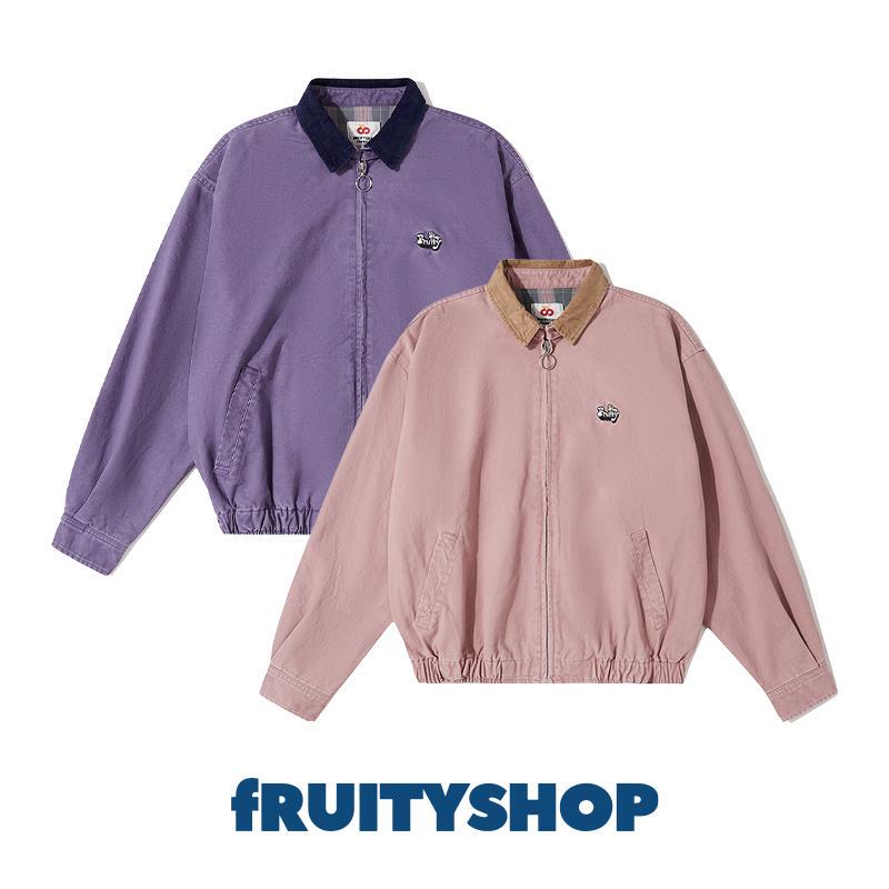 Fruityshop｜Washed Harrington Jacket with Plaid Pattern in Two Colors, Oversized Design, Heavy-Duty Embroidered Logo, Fashionable Outerwear