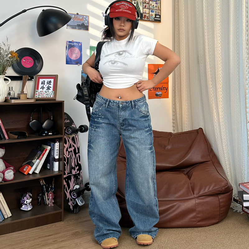 Sakurawa Nishiiko American Retro Washed Straight-Leg Jeans Low-Rise Studded Dark Blue Niche Design Spicy Girl