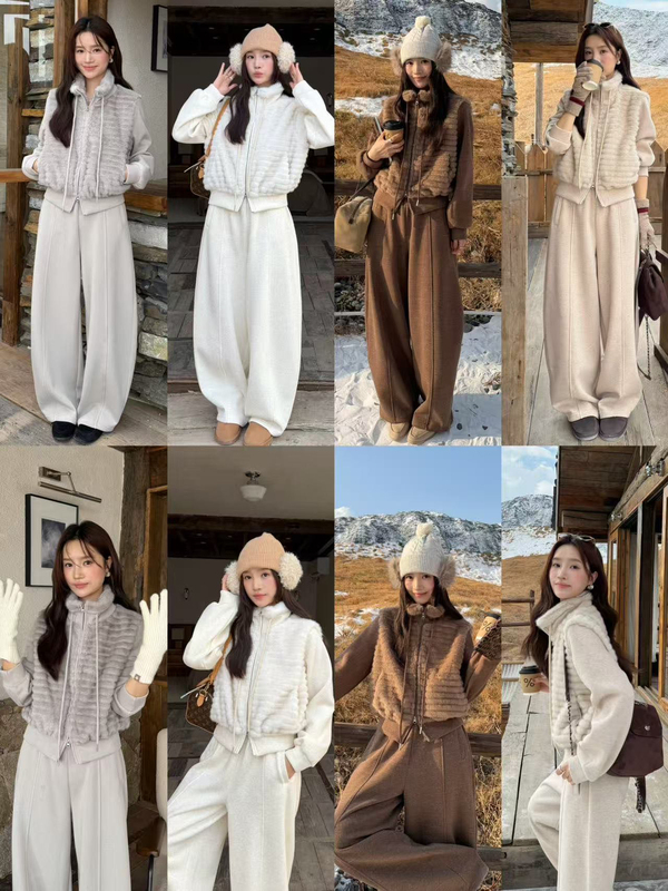 Ivy New Winter Retro Stand-Collar Faux Rabbit Fur Patchwork Sweatshirt Jacket + Curved-Leg Sweatpants Two-Piece Set Ivy New Winter Retro Stand-Collar Faux Rabbit Fur Patchwork Sweatshirt Jacket + Curved-Leg Sweatpants Two-Piece Set