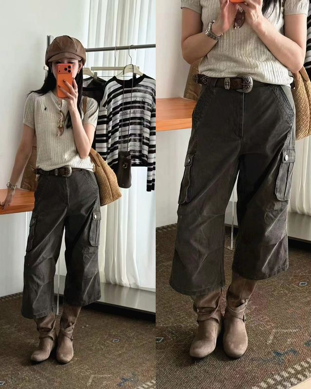 Anjia's Popular Autumn New Arrival Korean-Style Retro Loose Straight-Leg Cargo Pants with Multiple Pockets, Mid-Length Pants, Three-Quarter Pants + Belt Anjia's Popular Autumn New Arrival Korean-Style Retro Loose Straight-Leg Cargo Pants with Multiple Pockets, Mid-Length Pants, Three-Quarter Pants + Belt