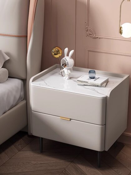 全实木床头柜轻奢高级感奶油风卧室小型收纳柜现代简约岩板储物柜