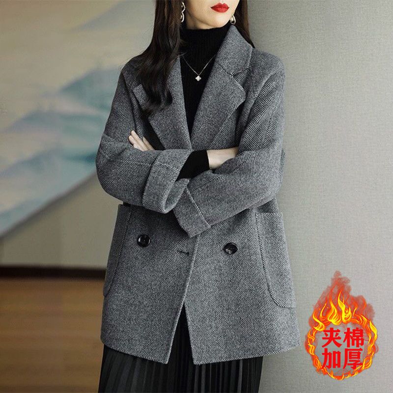 Authentic Gejia New 2026 Autumn and Winter Herringbone Pattern Mid-Length Padded Thick Woolen Suit Jacket Coat for Women