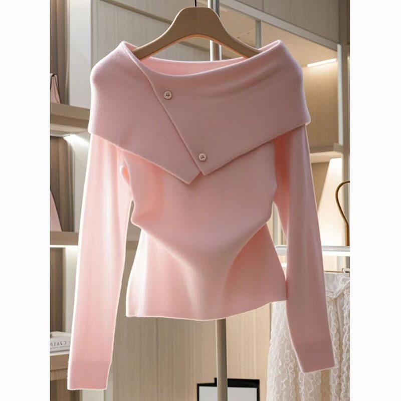 Authentic Gejia New 2026 Autumn and Winter Versatile Design Off-Shoulder Pink Dopamine Knit Sweater Shawl