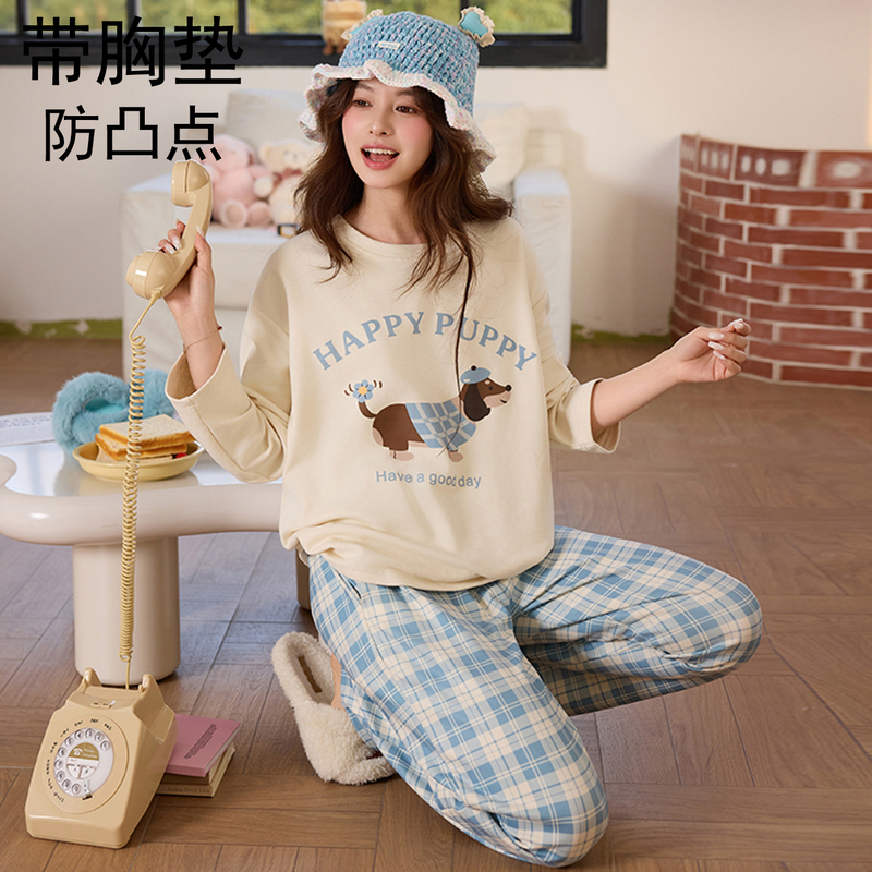 Double-Sided Thermal Pajamas for Women, Autumn and Winter, Thickened with Chest Pads, Blue Checkered Cartoon Dachshund Design, Can Be Worn Outside, Loungewear Set