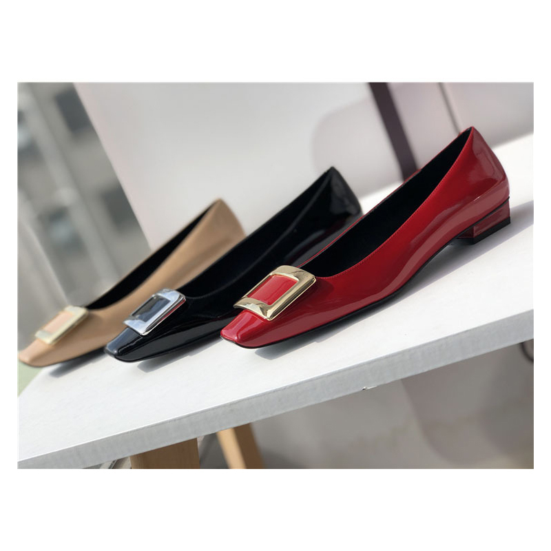 2025 New Style Flat Square Buckle Shallow Mouth Single Shoes Square Toe Low Heel Wedding Shoes Professional Commuting Large Size All-Season Shoes Versatile