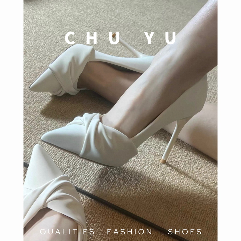 2025 New French-Style Socialite Pointed-Toe High Heels for Women, Pleated Shallow Mouth Stiletto Fairy-Style Wedding Shoes, Bridal Shoes, Single Shoes
