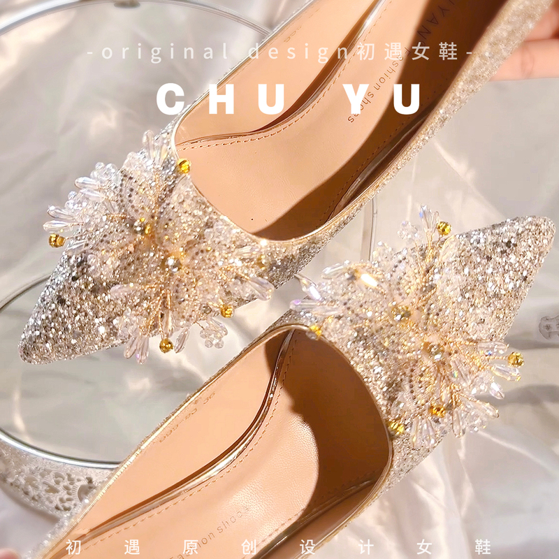 French-Style Beautiful Bridal Wedding Shoes, Comfortable High Heels for Women, Wedding Dress Two-Way Wear, Engagement Banquet, Coming-Of-Age Ceremony Dress Shoes for Women