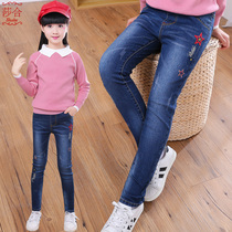 Female big child jeans 2021 new spring and autumn childrens self-cultivation middle child foreign-style girl pants wearing elastic tide