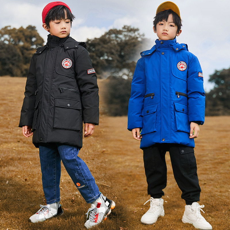Boys and girls mid-length Korean version of down jacket thickened green blue black red jacket big boy hooded cotton jacket winter - Taobao