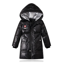 Boys and girls long disposable down jacket thickened blue black and white coat big children hooded cotton jacket clothes Winter