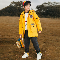 Boys and girls long Korean version of Down jacket thick blue red black yellow coat big boy hooded cotton jacket clothes Winter