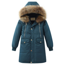 Boys and children long down jacket thickened Orange blue green black coat big child hair collar hooded cotton jacket winter
