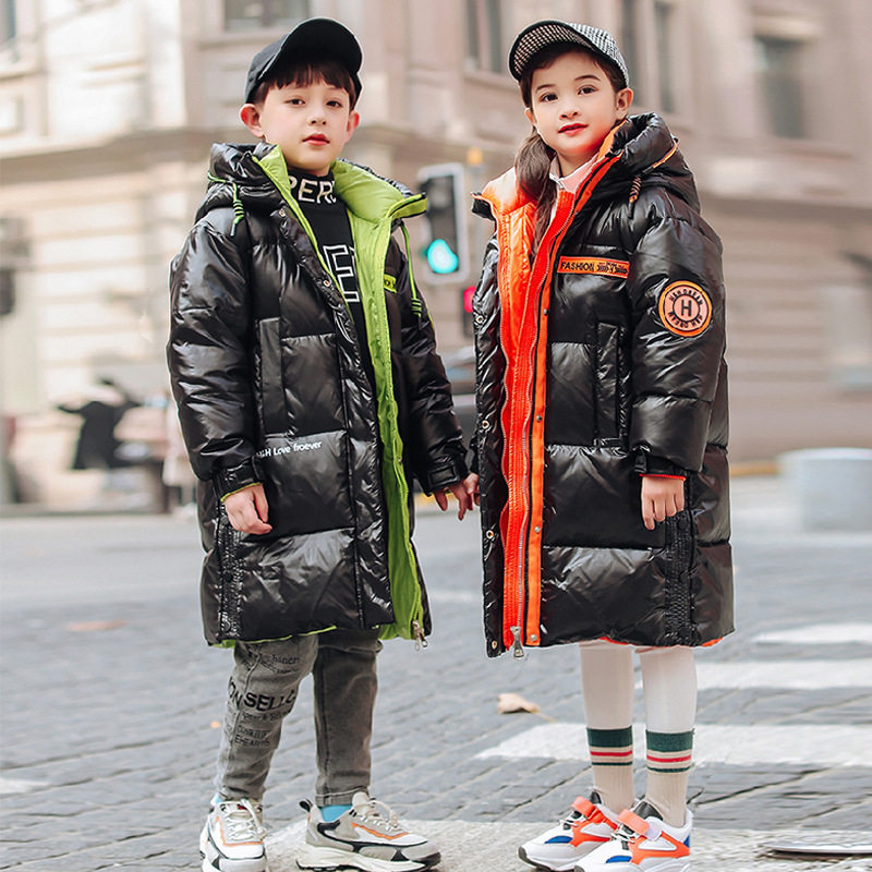 Boys and girls long version glossy wash-free down jacket thickened green orange black coat big children hooded cotton jacket clothes winter - Taobao