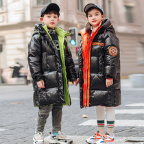 Boys and girls long bright down jacket thickened Green Orange black coat big boy hooded cotton jacket clothes winter clothes