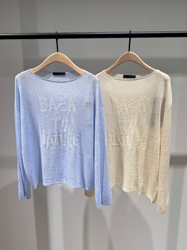 Authentic Knitwear 2026 Autumn New Lightweight Sheer Cotton-Linen Off-Shoulder Loose Cover-Up Sweater with Slogan Mbf3Swt033