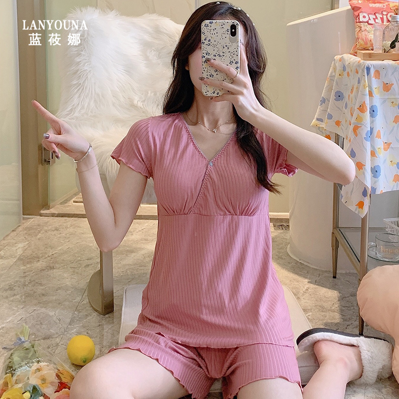 Modal confinement clothes August 9 spring and autumn postpartum breastfeeding nursing home clothes summer thin section pregnant women pajamas short sleeves