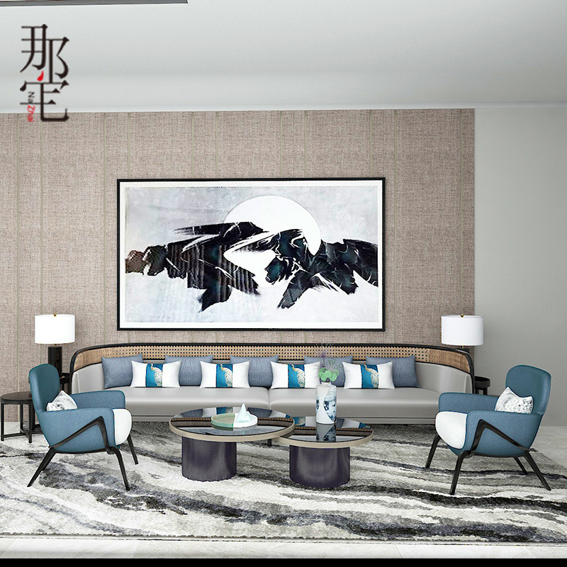 New Chinese-style solid wood simple Zen rattan leather fabric sofa combination light luxury villa private club furniture customization